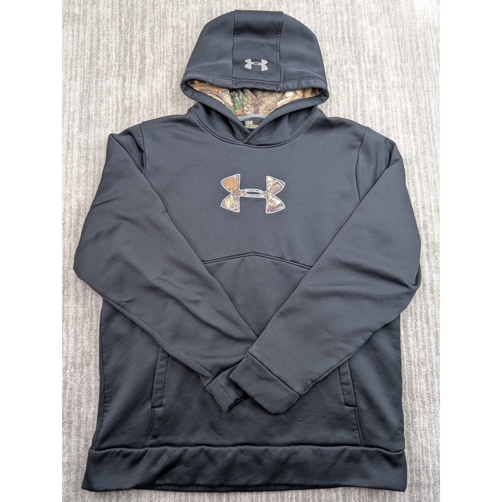 Under Armour Storm Camo Hoodie Mens Large Black Big Logo Sweatshirt Loose Fit